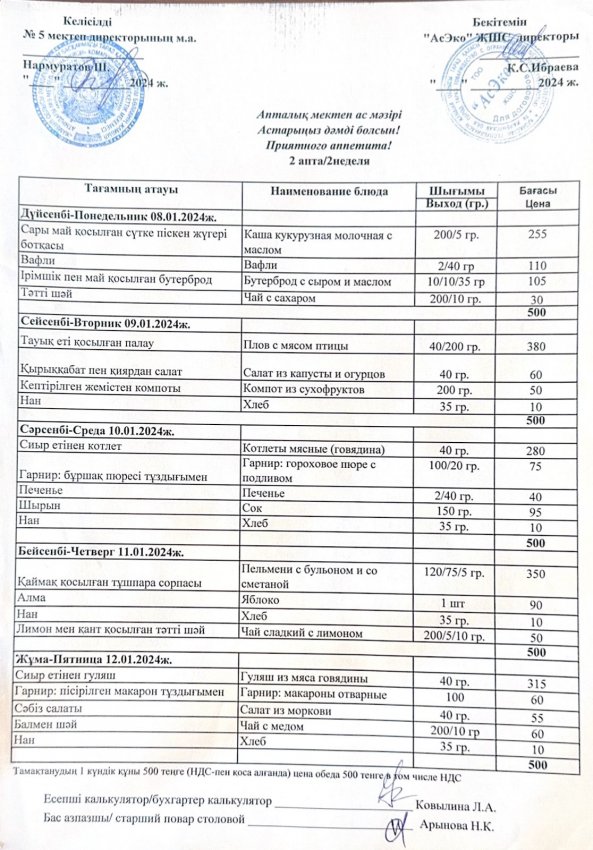 08.01-12.01.2024 жыл аралығындағы мектептің ас мәзірі.