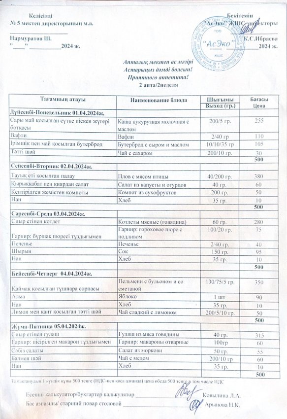 01.04-05.04.2024 жыл аралығындағы мектептің ас мәзірі.