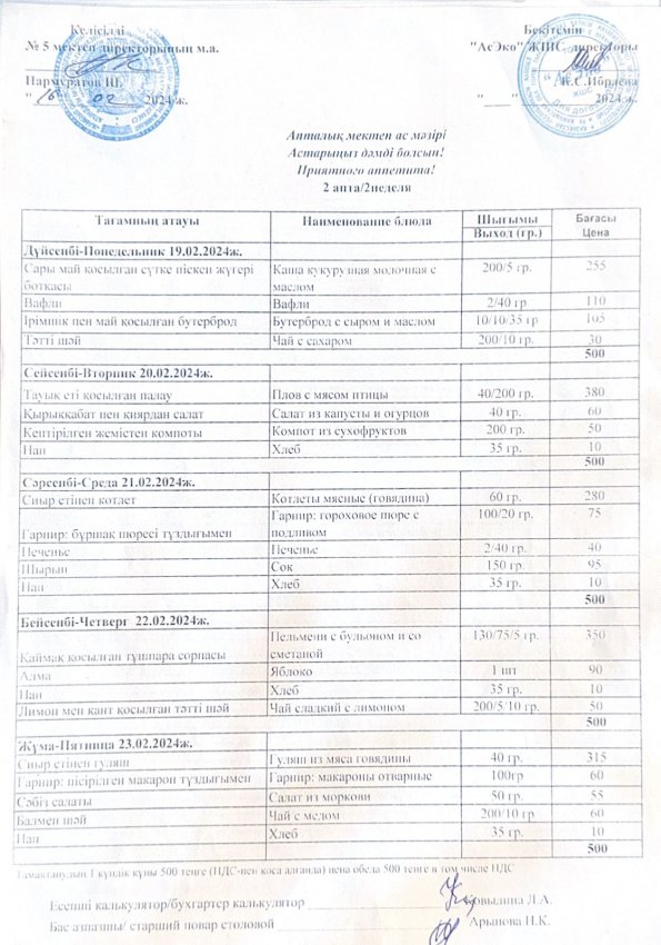 19.02-23.02.2024 жыл аралығындағы мектептің ас мәзірі.