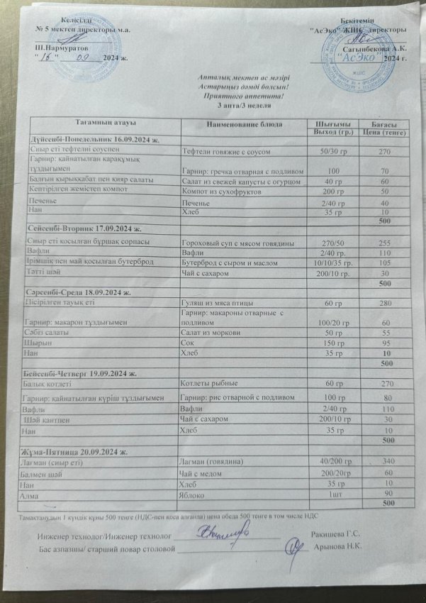 16.09-20.09.2024 жыл аралығындағы мектептің ас мәзірі.