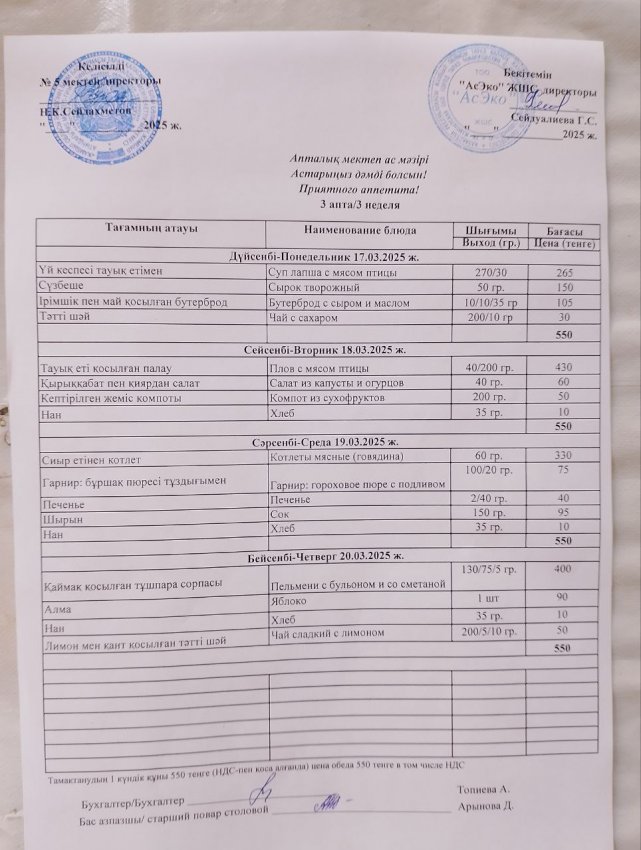 17.03.25-20.03.25 жыл аралығындағы ас мәзірі